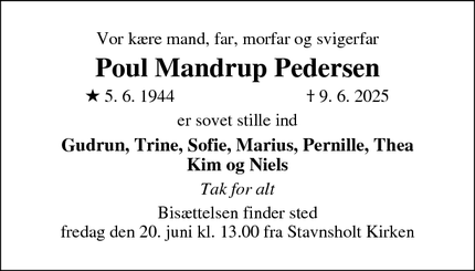 Dødsannoncen for Poul Mandrup Pedersen - Farum