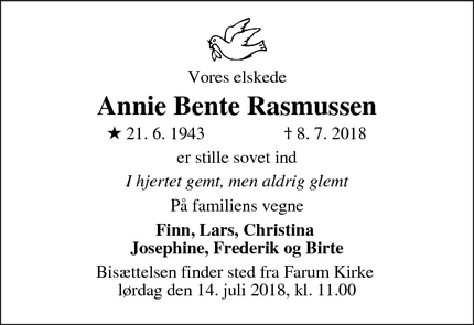 Dødsannoncen for Annie Bente Rasmussen - Farum