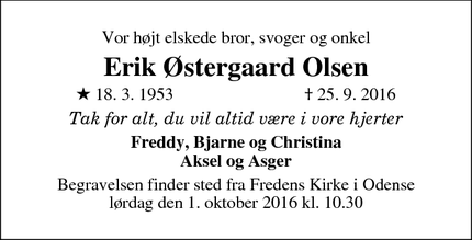 Dødsannoncen for Erik Østergaard Olsen - Odense
