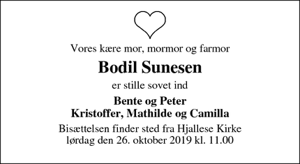 Dødsannoncen for Bodil Sunesen - Odense