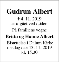 Dødsannoncen for Gudrun Albert - Odense