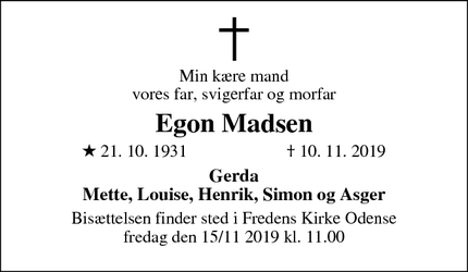 Dødsannoncen for Egon Madsen - Odense