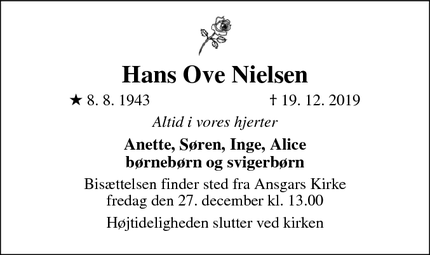 Dødsannoncen for Hans Ove Nielsen - Odense