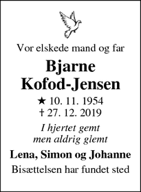 Dødsannoncen for Bjarne
Kofod-Jensen - Vissenbjerg 