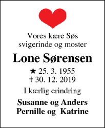 Dødsannoncen for Lone Sørensen - Odense C