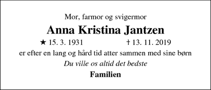 Dødsannoncen for Anna Kristina Jantzen - København NV