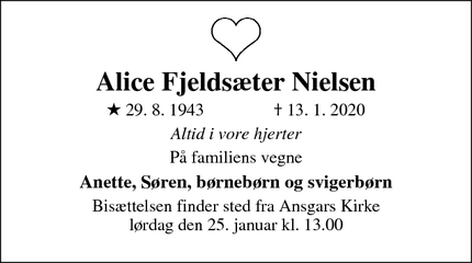 Dødsannoncen for Alice Fjeldsæter Nielsen - Odense