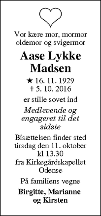 Dødsannoncen for Aase Lykke Madsen - Odense