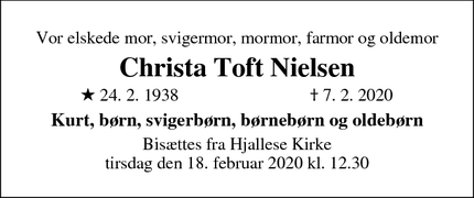 Dødsannoncen for Christa Toft Nielsen - Odense