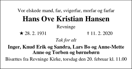 Dødsannoncen for Hans Ove Kristian Hansen - ODENSE SØ