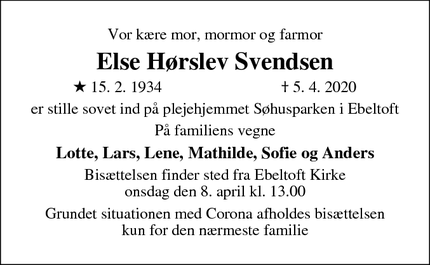 Dødsannoncen for Else Hørslev Svendsen - Ebeltoft
