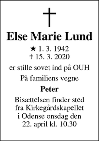 Dødsannoncen for Else Marie Lund - Odense S