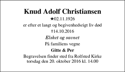 Dødsannoncen for Knud Adolf Christiansen - Ferritslev Fyn