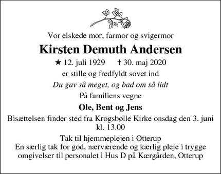 Dødsannoncen for Kirsten Demuth Andersen - Otterup