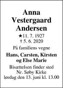 Dødsannoncen for Anna Vestergaard Andersen - Nr. Søby