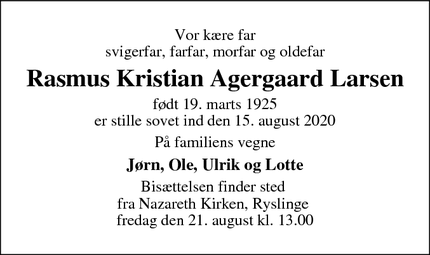 Dødsannoncen for Rasmus Kristian Agergaard Larsen - Gislev 