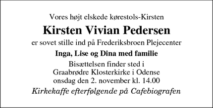Dødsannoncen for Kirsten Vivian Pedersen - Odense, Danmark