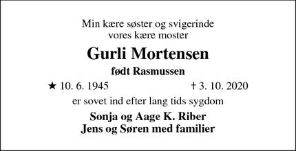 Dødsannoncen for Gurli Mortensen - Odense