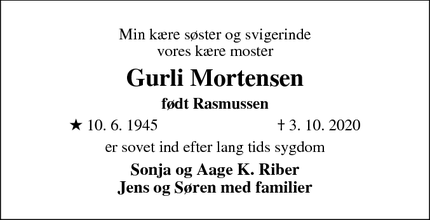 Dødsannoncen for Gurli Mortensen - Odense