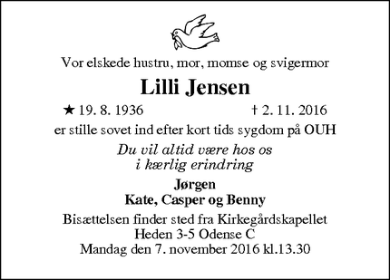 Dødsannoncen for Lilli Jensen - Odense