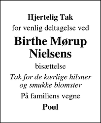 Dødsannoncen for Birthe Mørup Nielsens - Agedrup