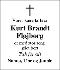 Dødsannoncen for Kurt Brandt Fløjborg - Helnæs By