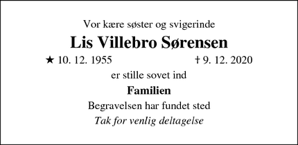 Dødsannoncen for Lis Villebro Sørensen - Ringe