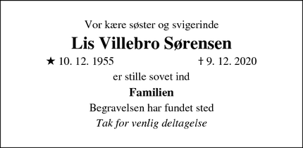 Dødsannoncen for Lis Villebro Sørensen - Ringe