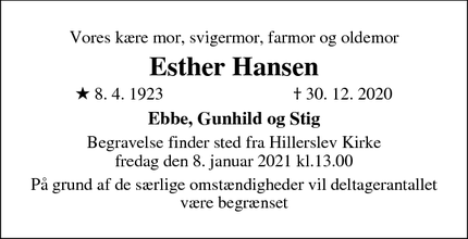 Dødsannoncen for Esther Hansen - 5500 Middelfart