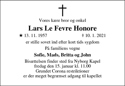 Dødsannoncen for Lars Le Fevre Honore - Holbæk