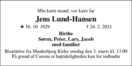 Dødsannoncen for Jens Lund-Hansen - Grenaa