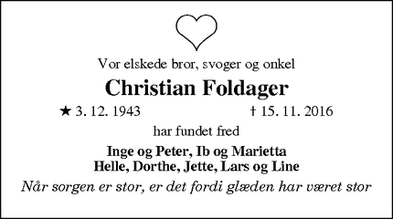 Dødsannoncen for Christian Foldager - Odense C