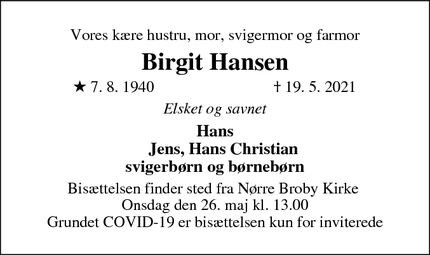 Dødsannoncen for Birgit Hansen - Nørre Broby