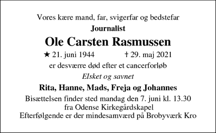 Dødsannoncen for Ole Carsten Rasmussen - Brobyværk 