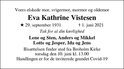 Dødsannoncen for Eva Kathrine Vistesen - Odense
