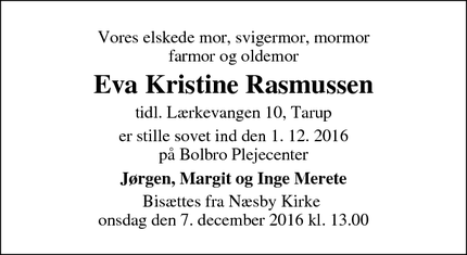Dødsannoncen for Eva Kristine Rasmussen - Odense