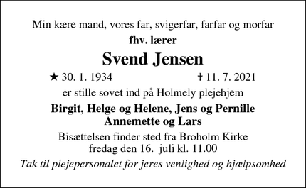 Dødsannoncen for Svend Jensen - Tommerup