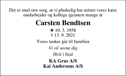 Dødsannoncen for Carsten Bendtsen - Tommerup