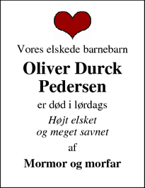 Dødsannoncen for Oliver Durck
Pedersen - Odense