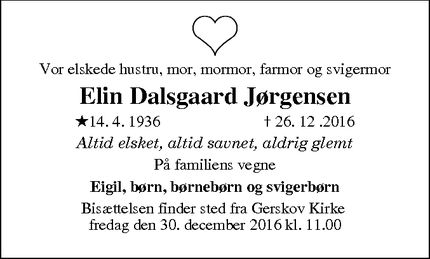 Dødsannoncen for Elin Dalsgaard Jørgensen - Otterup
