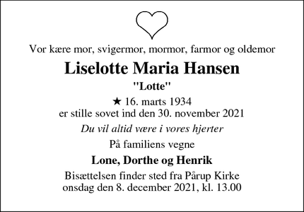 Dødsannoncen for Liselotte Maria Hansen - Odense