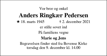 Dødsannoncen for Anders Ringkær Pedersen - Nyborg