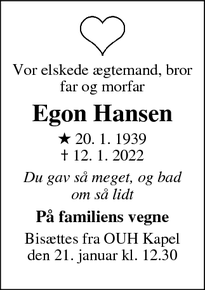 Dødsannoncen for Egon Hansen - Odense