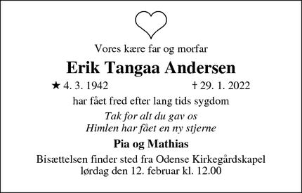 Dødsannoncen for Erik Tangaa Andersen - odense