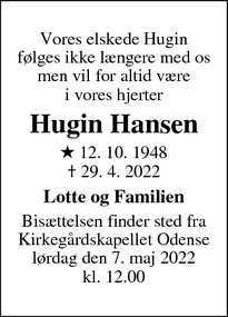 Dødsannoncen for Hugin Hansen - Hørsholm