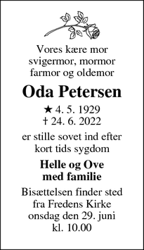 Dødsannoncen for Oda Petersen - Odense M