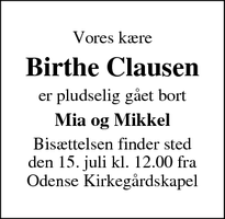 Dødsannoncen for Birthe Clausen - Odense C