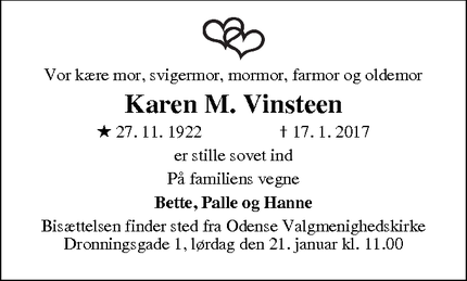 Dødsannoncen for Karen M. Vinsteen - Odense