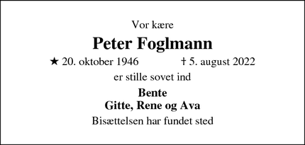 Dødsannoncen for Peter Foglmann - Asnæs