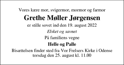 Dødsannoncen for Grethe Møller Jørgensen - Odense